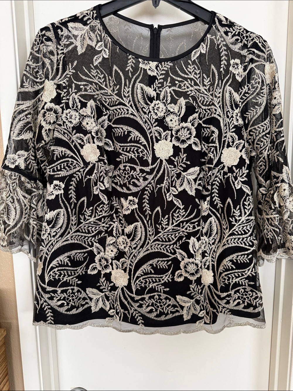 Alex Evenings Black Lace Blouse with Cream Floral Embroidery